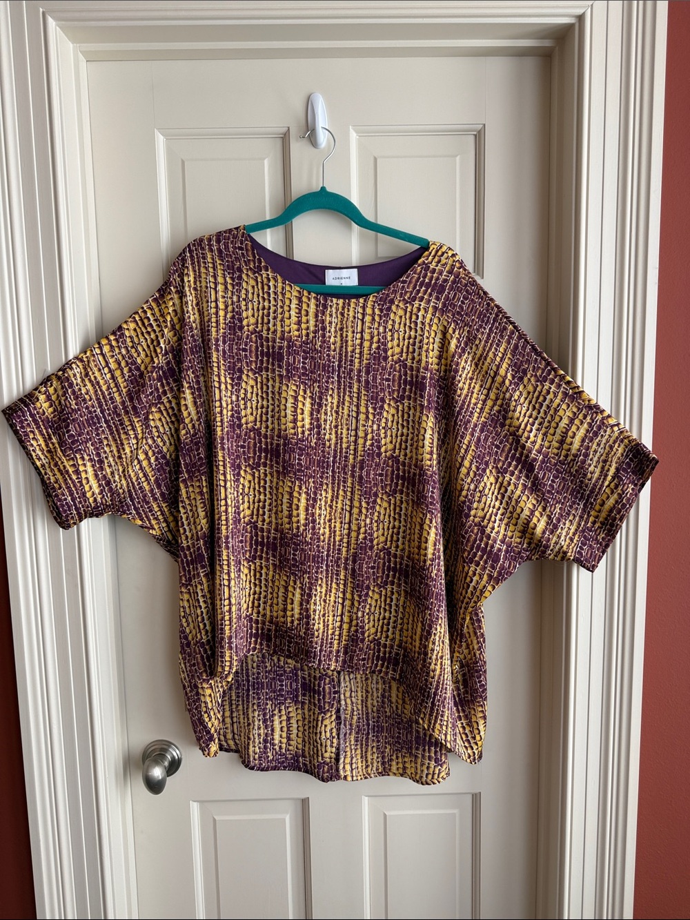 Adrienne Mustard and Plum Patterned Short-Sleeve Tunic